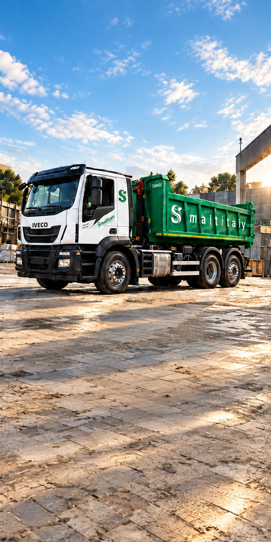 Camion Smaltitaly con cassone verde nel piazzale